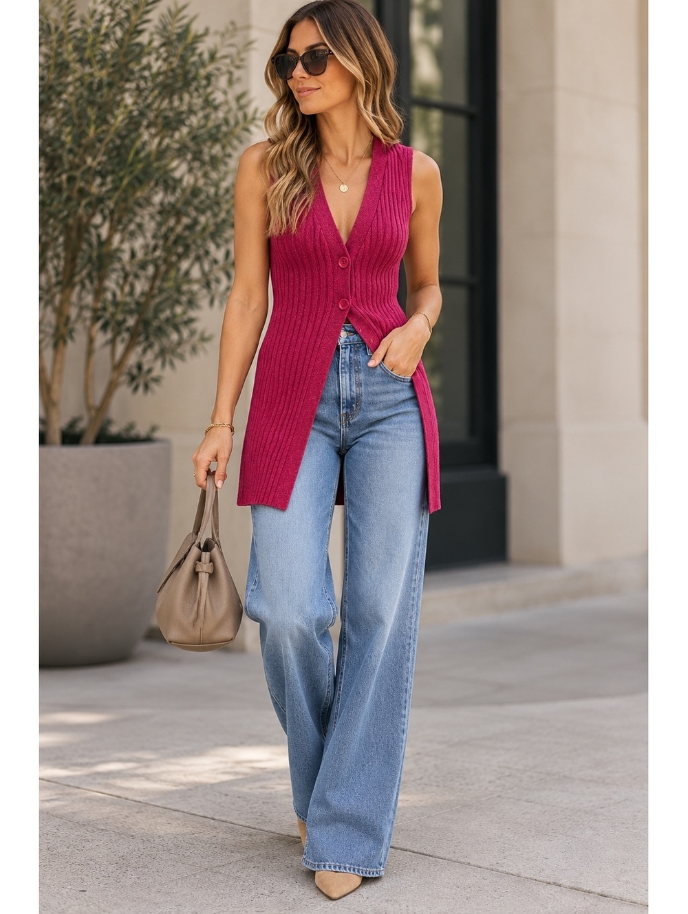 Ronny Kobo Garner Knit Top XS Fuchsia Ribbed Button Front Long Vest